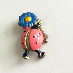 Miniature Made In Germany Signed Pink Lady Bug With Blue Flower Pin Brooch